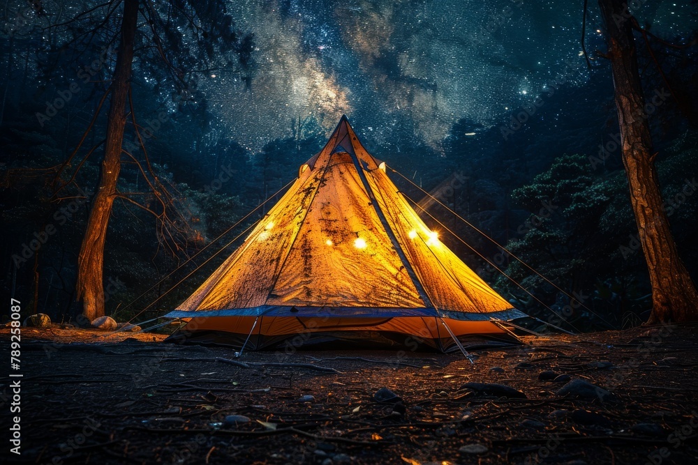 A magical camping scene with a lit tent under the Milky Way in a dense forest, suggesting mystery and wonder