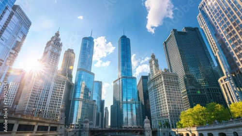 Modern tower buildings or skyscrapers in financial district with cloud on sunny day in Chicago  USA. Construction industry  business enterprise organization  or communication technology concept