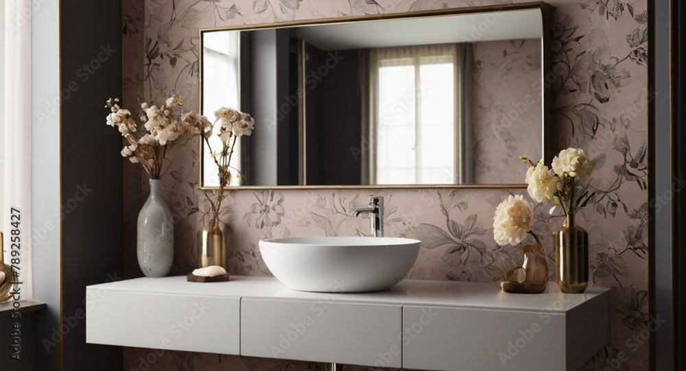 Fototapeta premium Modern retro colorful bathroom with basin and big mirror on the wall
