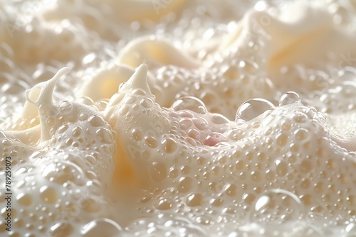 A macro shot capturing the delicate details and texture of milk froth with tiny bubbles creating an organic pattern
