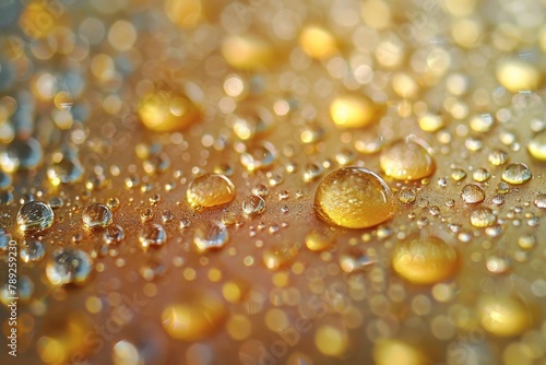 A luminous capture of golden-colored water droplets scattered across a glassy surface, reflecting light