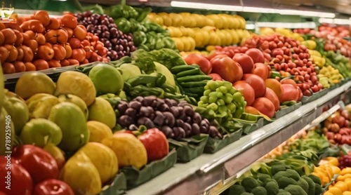 Pan shot of shelves stocked with colorful fruits and vegetables in a produce market.
