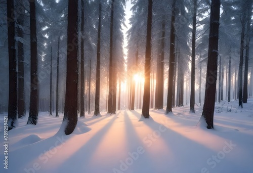 Snow-covered forest with tall trees and sunlight streaming through the trunks at sunset © Studio One
