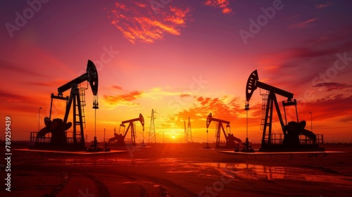 Saudi price war, oil market prices drop concept. Oil pumps, drilling derricks from oil field silhouette at sunset. Crude oil industry, petroleum production 3D background with pump jacks, drill rigs