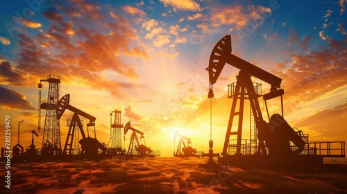 Saudi price war, oil market prices drop concept. Oil pumps, drilling derricks from oil field silhouette at sunset. Crude oil industry, petroleum production 3D background with pump jacks, drill rigs photo