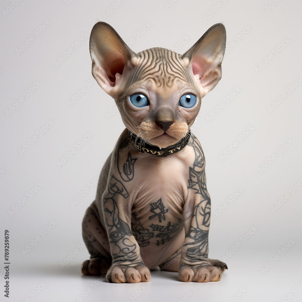 adorable sphynx cat baby with large glossy blue eyes and calligraphy tattoos сreated with Generative Ai adorable sphynx cat baby with large glossy blue eyes and calligraphy tattoos сreated with Generative Ai