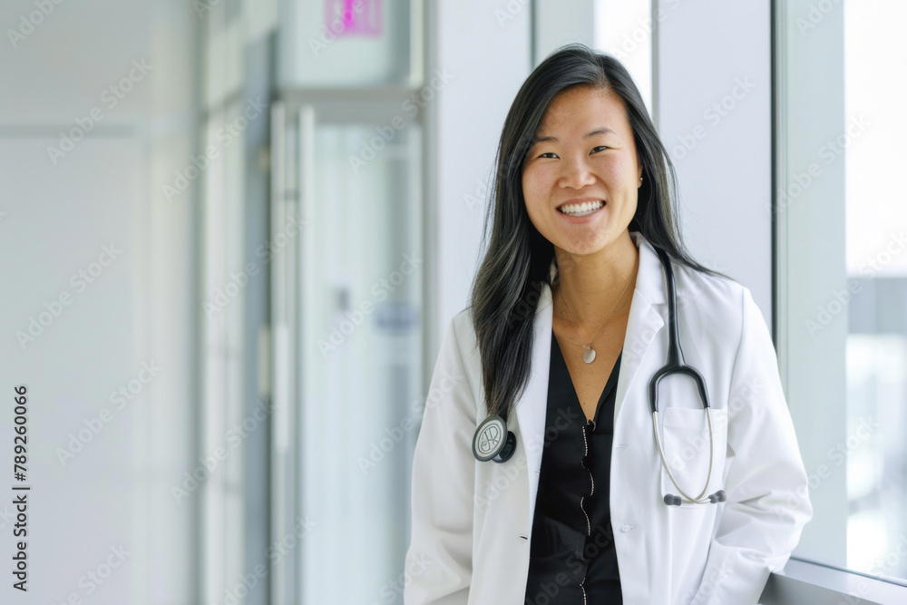 Asian female doctor in a white coat with stethoscope in a hospital. Asian female doctor in a white coat with stethoscope in a hospital.