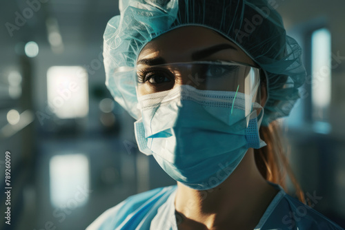 Female doctor or nurse wearing a medical mask, glasses and cap in a hospital.