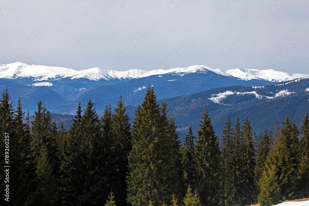 snowy mountain peaks on a sunny day at a ski resort. Wellness holiday with family