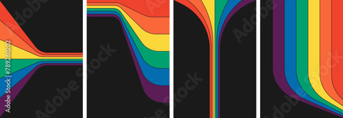 Retro groovy rainbow color striped poster. Geometric hippie rainbows path on prints. Vintage hippy style various abstract iridescent flow stripes. Trendy minimalistic y2k colourful spectrum vector art