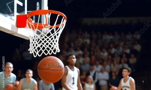 A basketball approaching the hoop with a crowd in the background © nizar