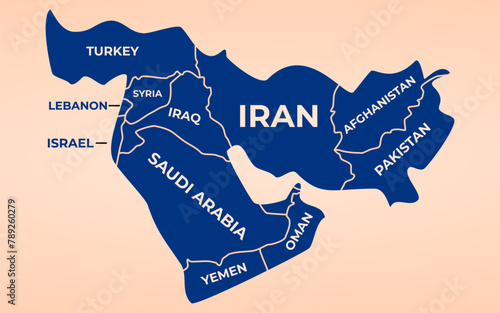 Modern Map - Middle East with countries illustration. Vector map of Middle East. Map set of states. High detailed silhouette.  Map with boundaries.