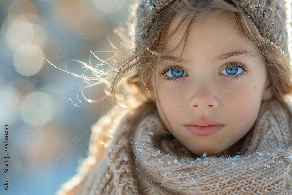 Tender portrait of a girl in winter attire with bright blue eyes and a gentle, snow-kissed expression Tender portrait of a girl in winter attire with bright blue eyes and a gentle, snow-kissed expression
