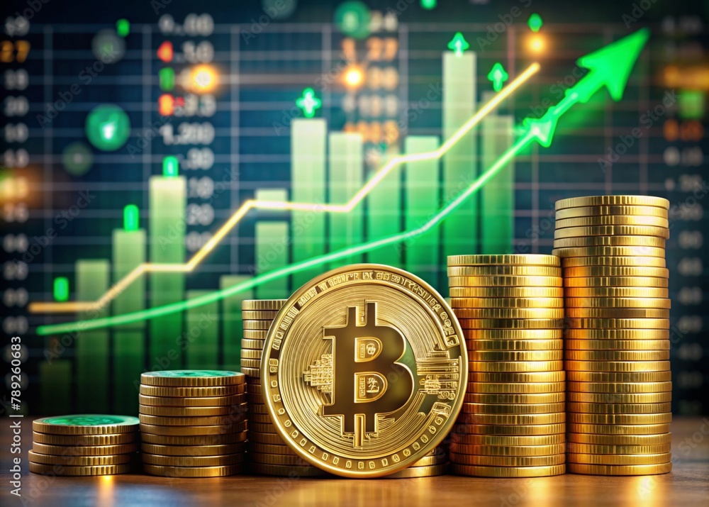 Cryptocurrency. Gold coins are bitcoins with the exchange rate on the virtual screen. The growth of Bitcoin. The green arrow points up. An image created with the help of artificial intelligence. Cryptocurrency. Gold coins are bitcoins with the exchange rate on the virtual screen. The growth of Bitcoin. The green arrow points up. An image created with the help of artificial intelligence.