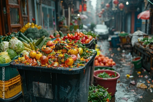 A market alley presents the contrast of fresh produce overflowing from a refuse bin amidst a backdrop of urban decay