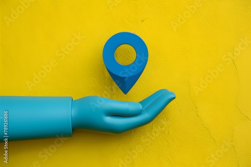 Bright yellow background, blue pin, hand holding grocery bag, seamless delivery service concept photo