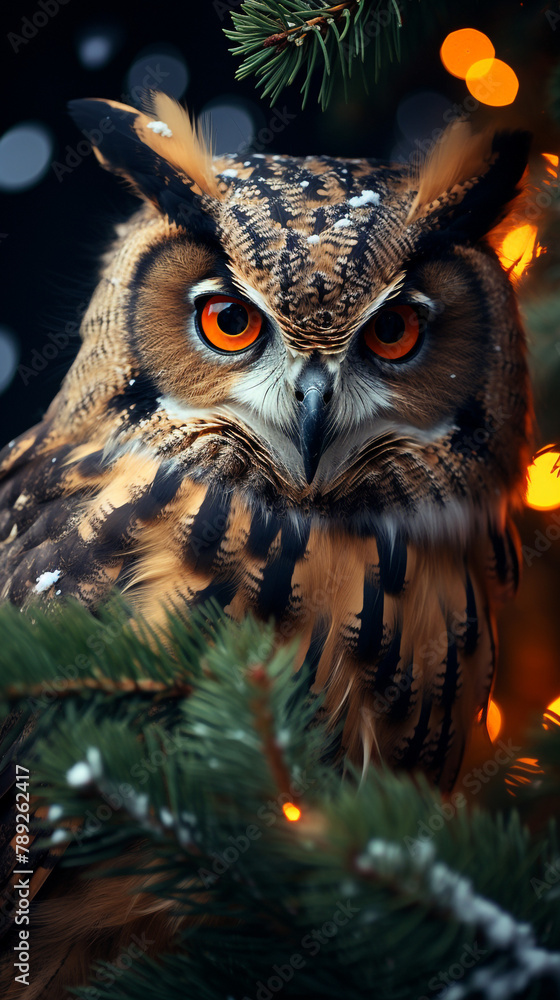 owl with striking orange eyes, perched elegantly on a branch of a lavishly decorated Christmas tree сreated with Generative Ai owl with striking orange eyes, perched elegantly on a branch of a lavishly decorated Christmas tree сreated with Generative Ai