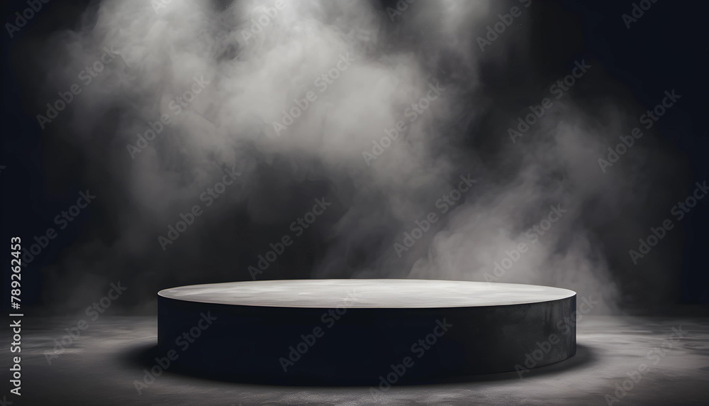 A black 3D product display podium stage, highlighted by dynamic lighting against a dark, smoky background, evoking a sense of anticipation. Suitable for advertising and product presentations.