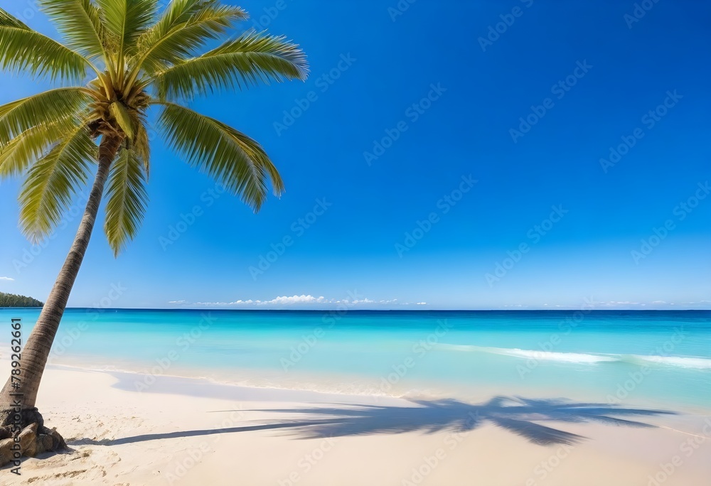 Palm tree on a tropical beach with clear blue sky and turquoise ocean water