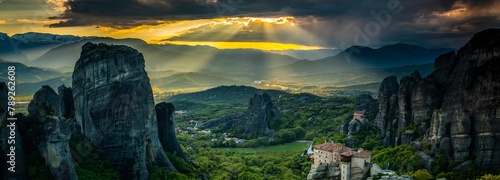 Cloud Dance: Tracking Shot of Meteora's Landscape with Sandstone Rock Formations and Ancient Monasteries in Full 4K image  photo