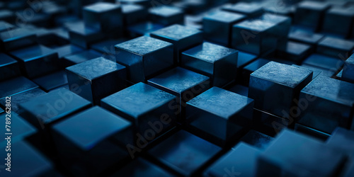 Dark blue cubes , blue geometric shapes of mini 3d blocks, copy space
