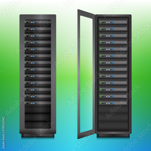 Server rack stand opened and closed, over color background. 3D Vector Illustrator.