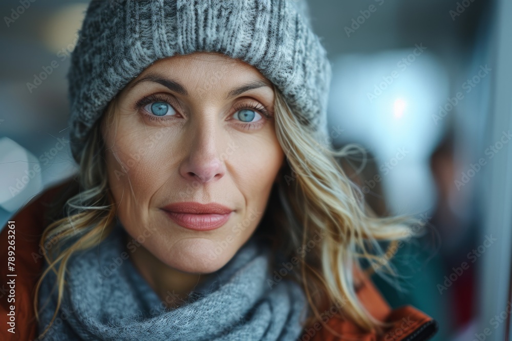 A pensive woman wearing a beanie and winter coat gazes off into the distance with a thoughtful expression A pensive woman wearing a beanie and winter coat gazes off into the distance with a thoughtful expression