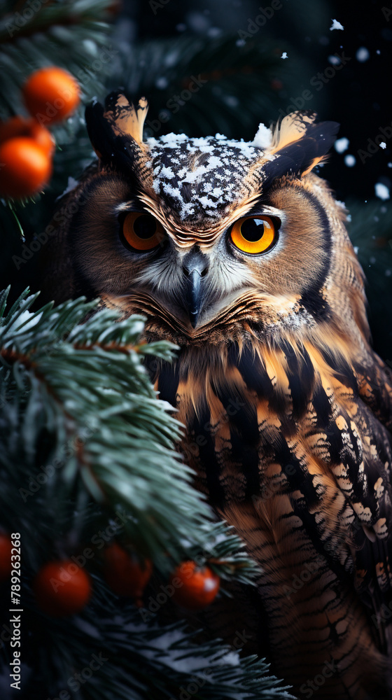 owl with striking orange eyes, perched elegantly on a branch of a lavishly decorated Christmas tree сreated with Generative Ai owl with striking orange eyes, perched elegantly on a branch of a lavishly decorated Christmas tree сreated with Generative Ai