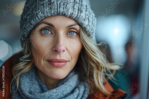 A pensive woman wearing a beanie and winter coat gazes off into the distance with a thoughtful expression photo