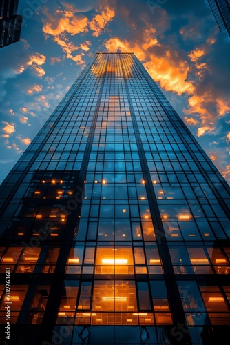 Majestic skyscraper with mirror-like facade reflecting orange sunset light  symbolizing ambition and innovation in architecture