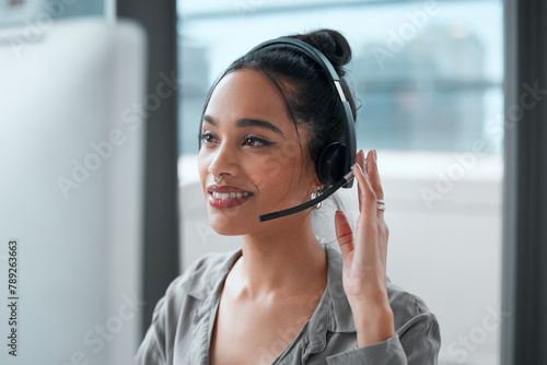 Customer service, computer and woman consultant in office for online crm consultation or enquiries. Telemarketing, headset and female technical support or call center agent with desktop in workplace.