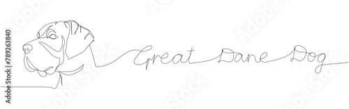 Great Dane, hunting dog, companion dog, Englische Dogge, Danische Dogge one line art. Continuous line drawing of friend, dog, doggy, animal, family, canine with inscription, lettering, handwritten.