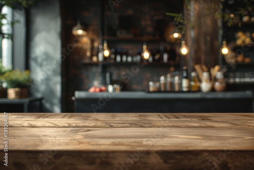 Focus on a wooden table with a blurred background of shelves with bottles, creating a warm, inviting bar atmosphere © Odin AI