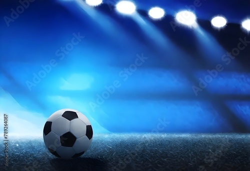 A soccer ball on a textured surface with blue background and spotlights shining down