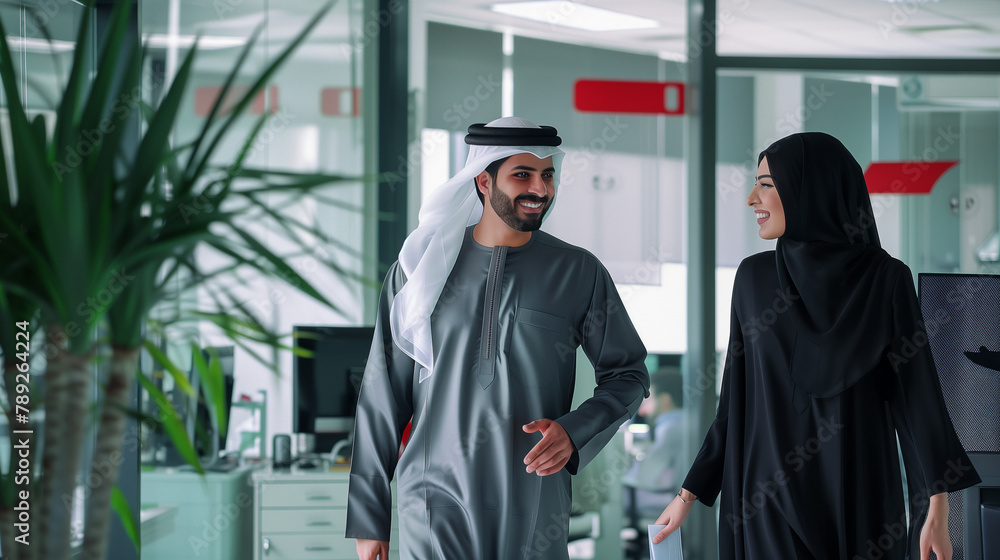 A Couple of Smiling Emirati, Couple of happy middle-eastern people wearing traditional emirati dress (Kadura, black abaya), Arabian Man and Woman in the Emirates, generative ai.