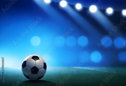 A soccer ball on a textured surface with blue background and spotlights shining down © Studio One