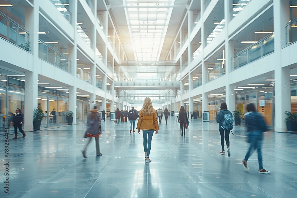 An image portraying people in a spacious, modern hall with strong architectural lines