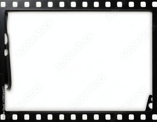 Close-up of a blank film strip with sprocket holes on the edges against a white background photo