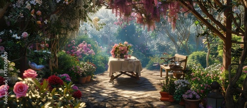 Garden atmosphere with a table surrounded by open space and blooming flowers © Vusal