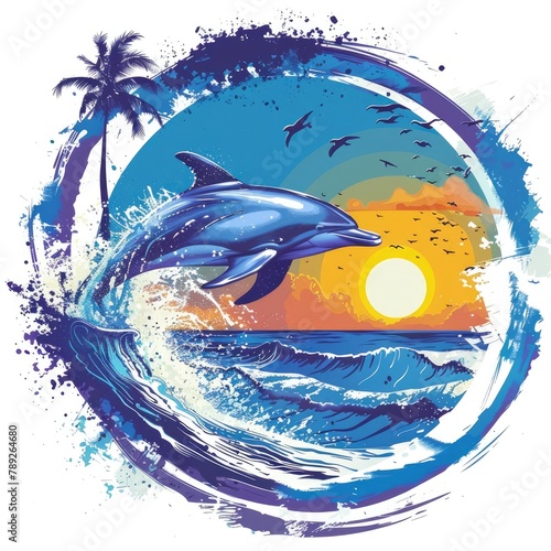 T-shirt design in round shape vector style clipart dolphin jumps out of the water on a beautiful background, isolated on white