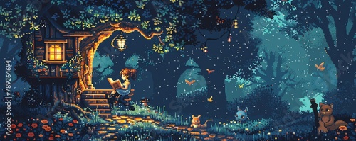 Serene pixel art of a girl reading a book by a glowing lamp in a quaint tree house, surrounded by forest creatures