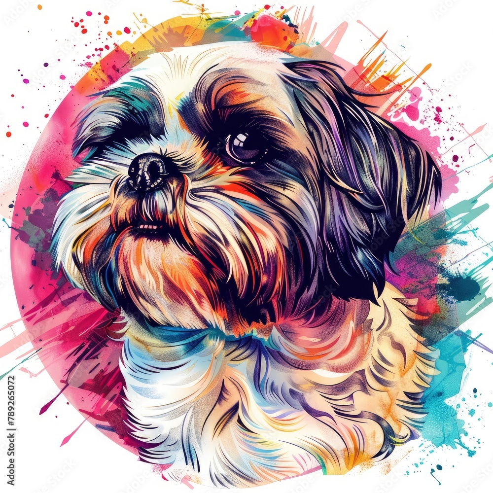T-shirt design in round shape vector style clipart doggie on a beautiful background, isolated on white
