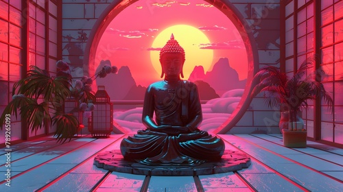 Minimalist Buddha statue in an 80s synthwave atmosphere with a pop art portrait design.