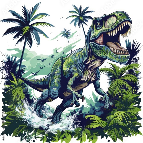 T-shirt design vector style clipart a dinosaur jumps out of the jungle, isolated on white background © shooreeq
