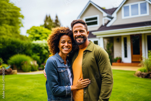 A cheerful, diverse couple hugs while standing in front of a beautiful home, showcasing happiness and homeownership photo