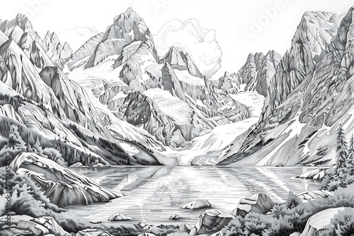 : A majestic mountain landscape with snow-capped peaks and a crystal-clear lake, rendered in intricate ink lines