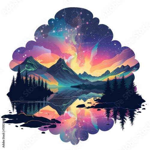T-shirt design vector style clipart northern lights and bright stars over the mountains, isolated on white background