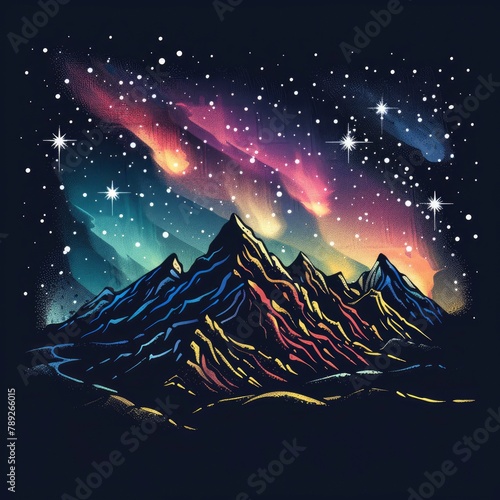 T-shirt design vector style clipart northern lights and bright stars over the mountains, isolated on white background
