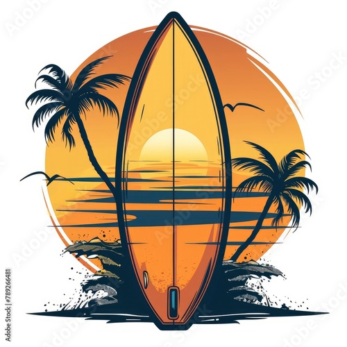 T-shirt design vector style clipart surfboard on the shore against the sunset background, isolated on white background photo