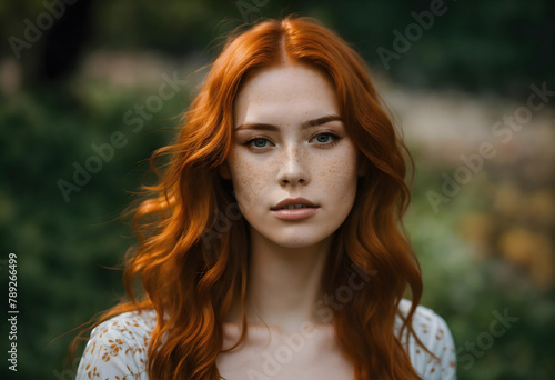 A Young beautiful ginger woman isolated blurred background, attractive blonde hair girl with freckle fair skin